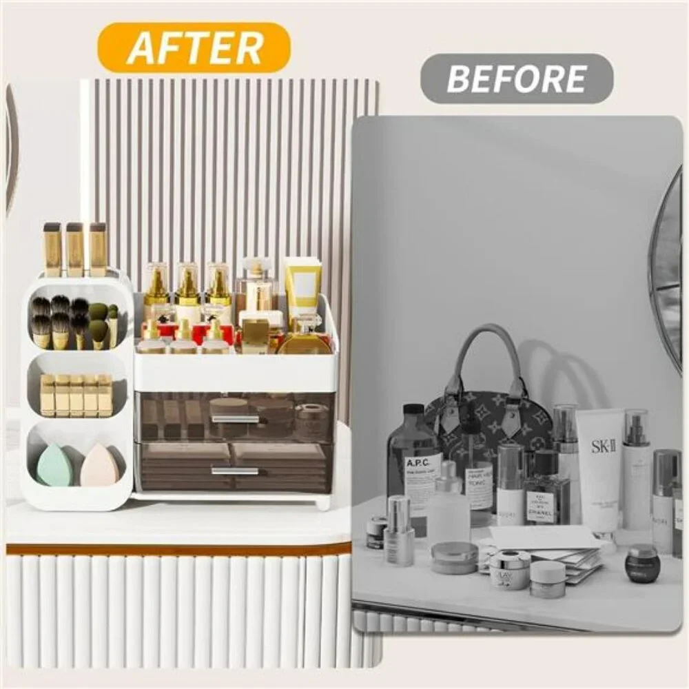 Makeup Organizer with Drawers Vanity Cosmetic Storage Box Brush Holder Skincare